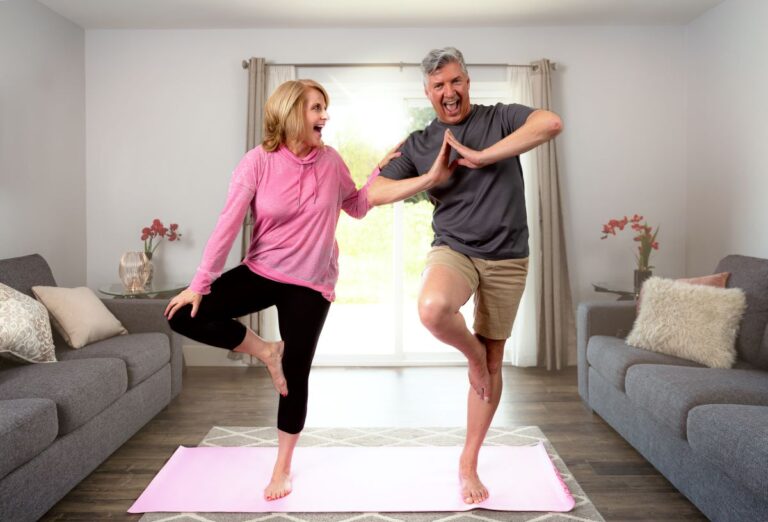 senior citizens doing balance exercises